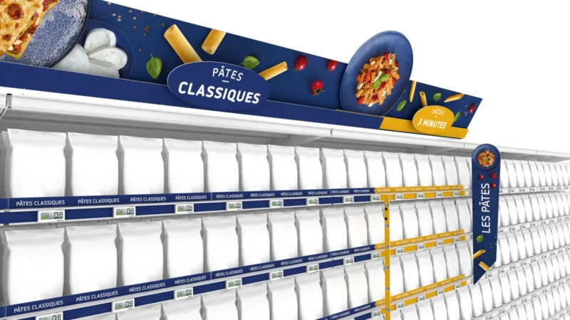 Balisage catégoriel · fronton et signalétique du rayon pâtes