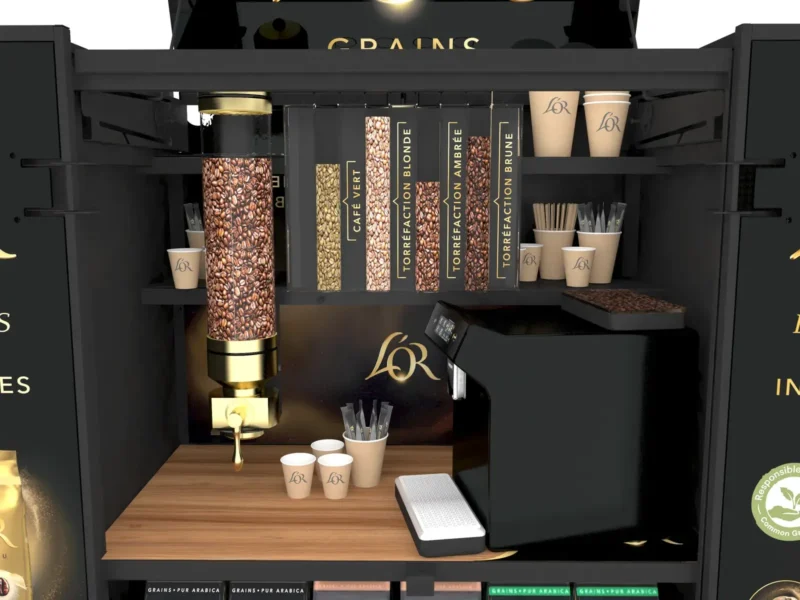 L'Or · détail du distributeur de grains et de la machine à café
