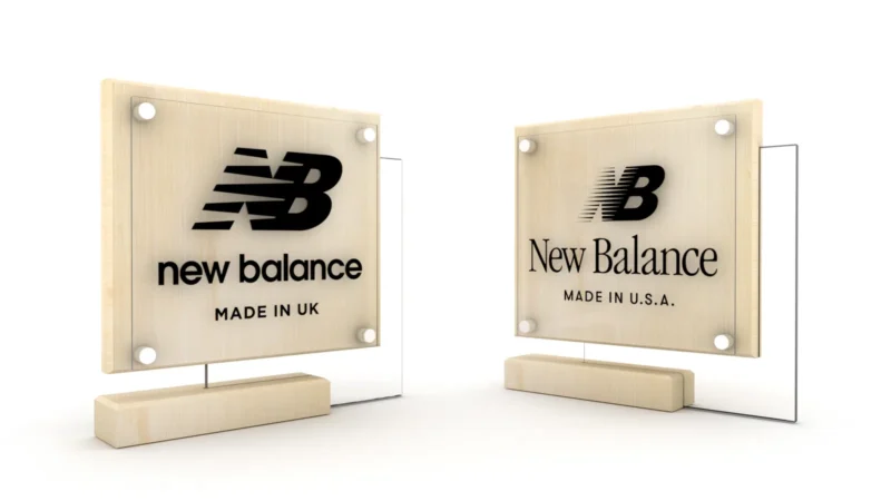 New Balance · panneaux bois Made in UK et Made in USA
