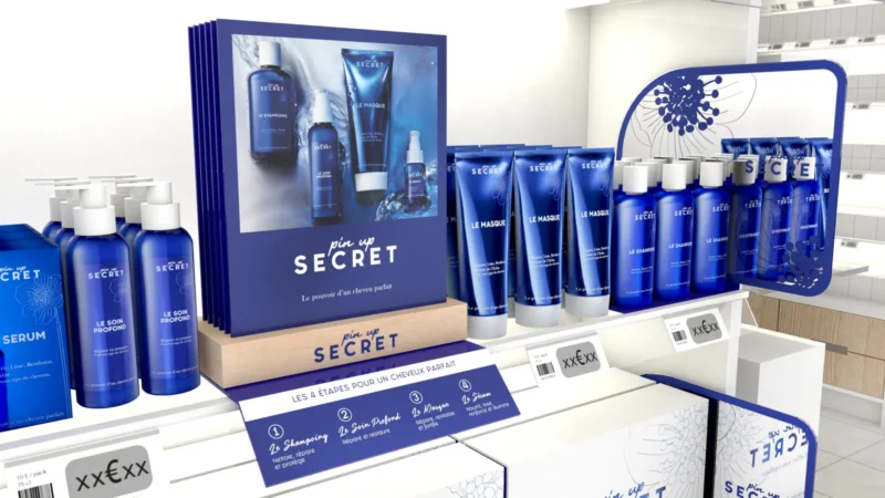 Pin Up Secret · présentoir soin capillaire, vue rapprochée